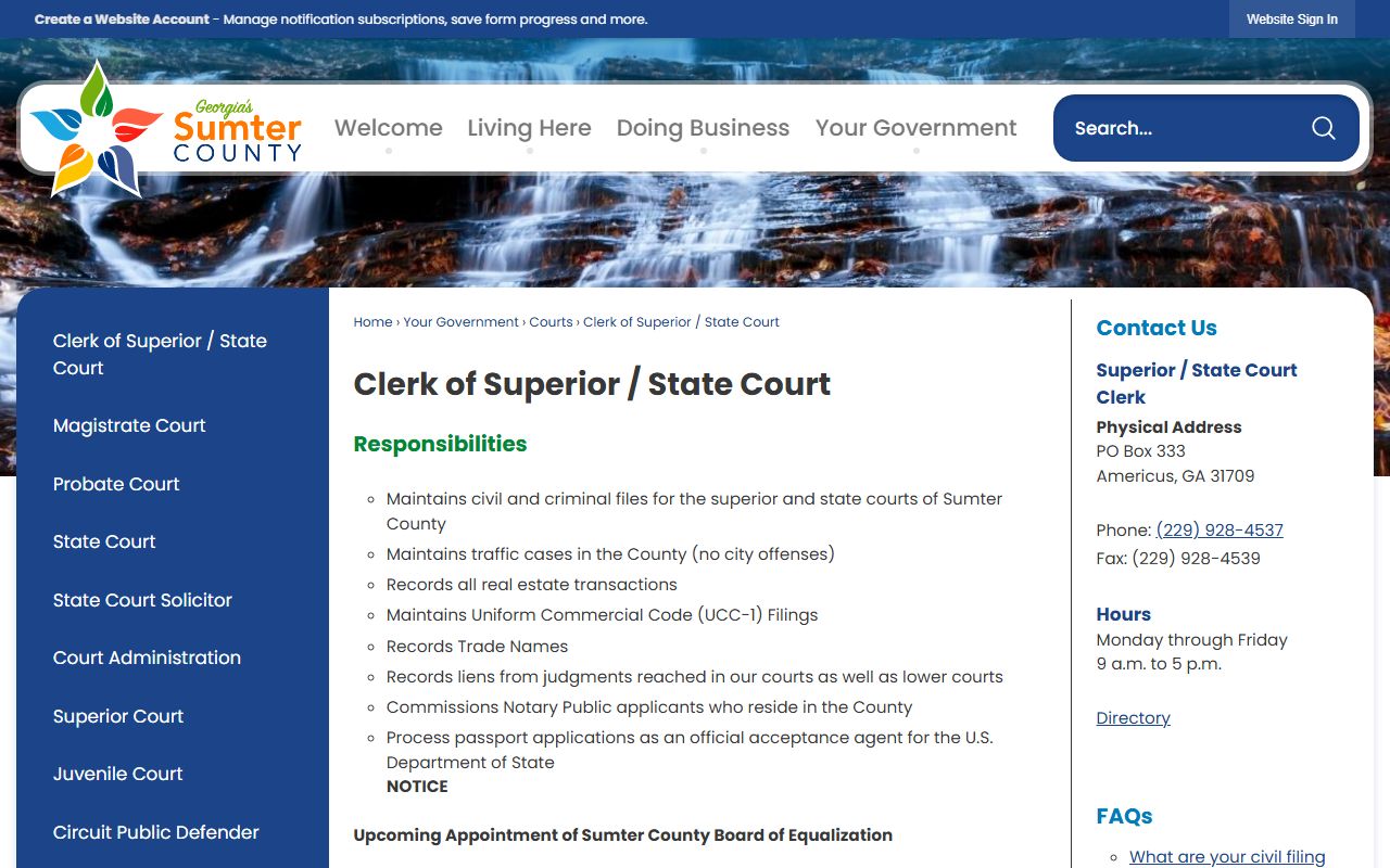 Sumter County Clerk of Superior State Court records page