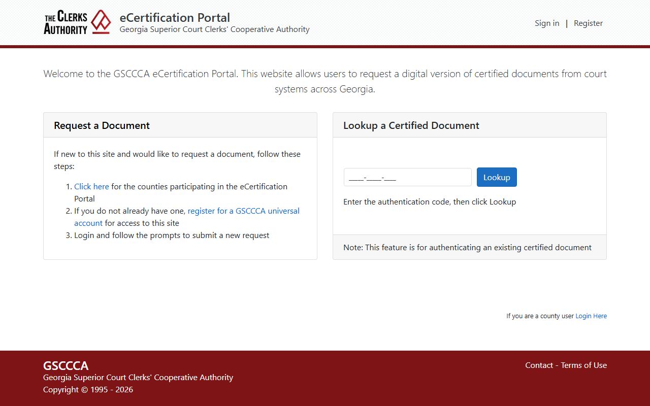 Sumter County Clerk records GSCCCA eCertification portal
