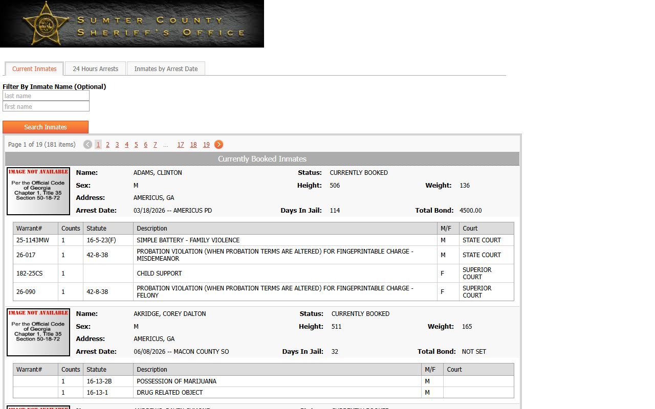 Sumter County arrest records current inmate roster charge fields