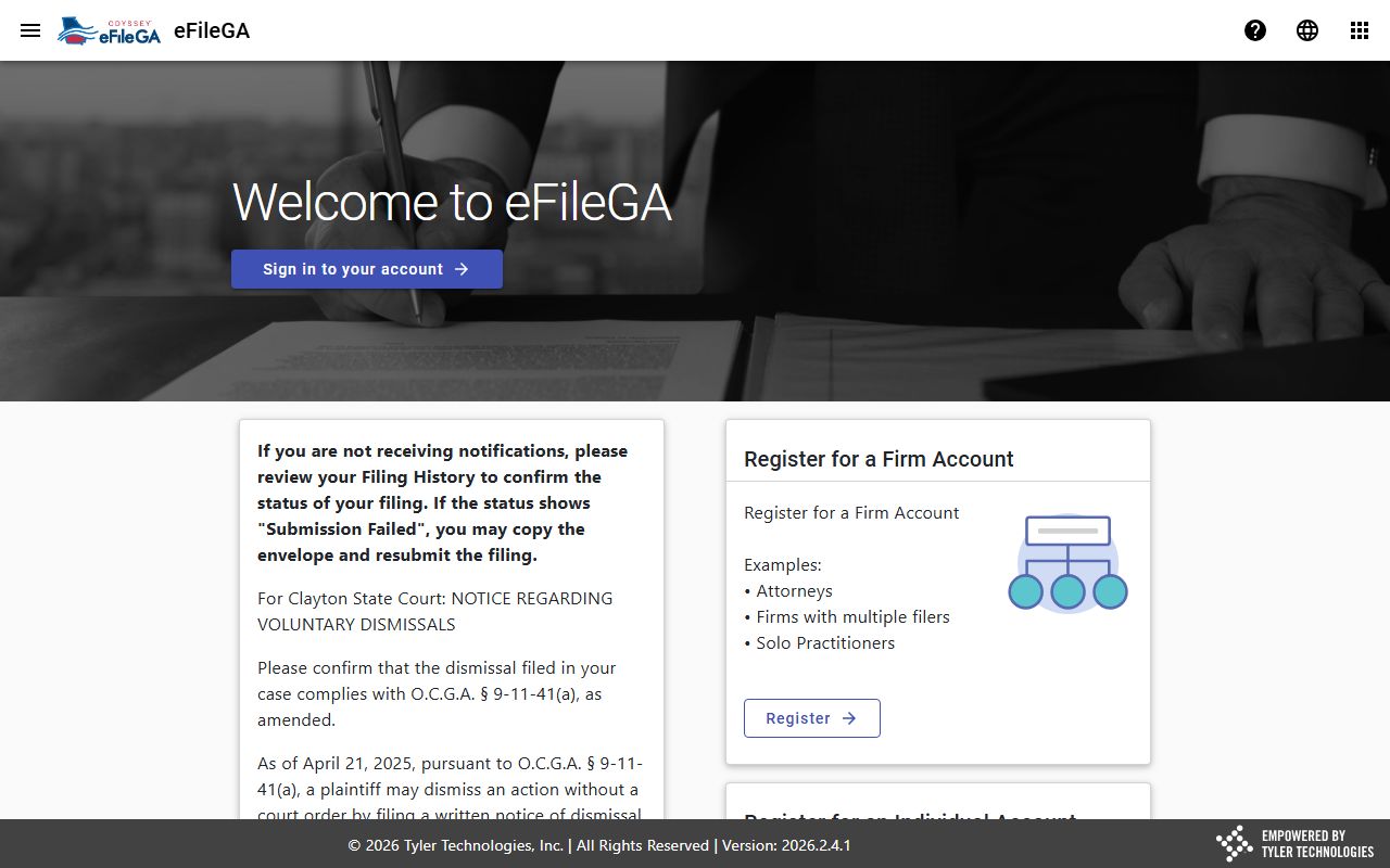 Sumter County court dockets Odyssey eFileGA landing page