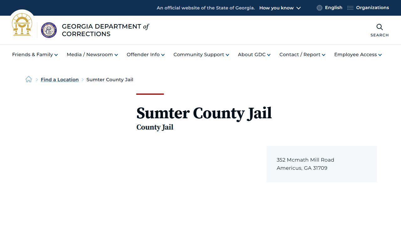 Georgia Department of Corrections location page for Sumter County Jail