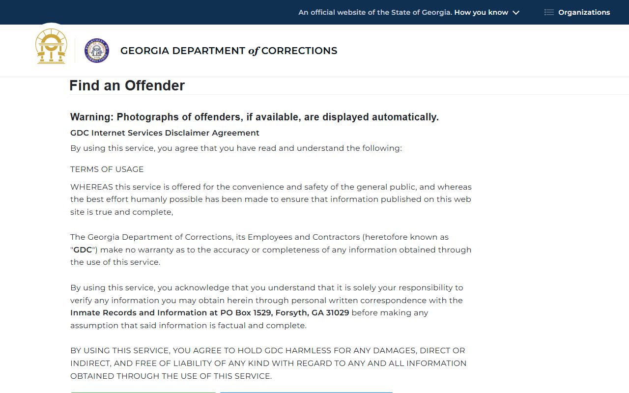 Georgia Department of Corrections offender query for sentenced state inmates