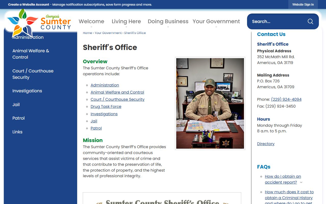 Sumter County Sheriff's Office official page with jail and records contact information