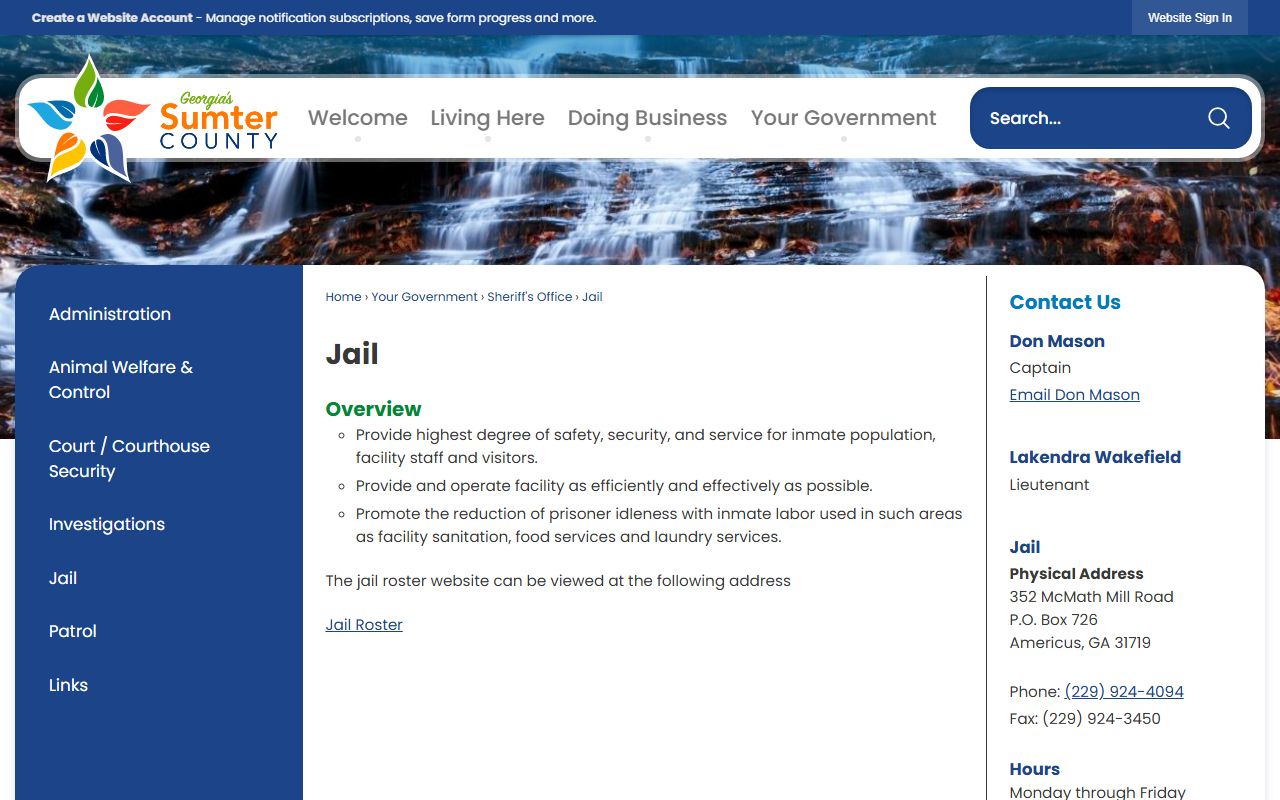 Sumter County Jail official page with roster link and facility contact details