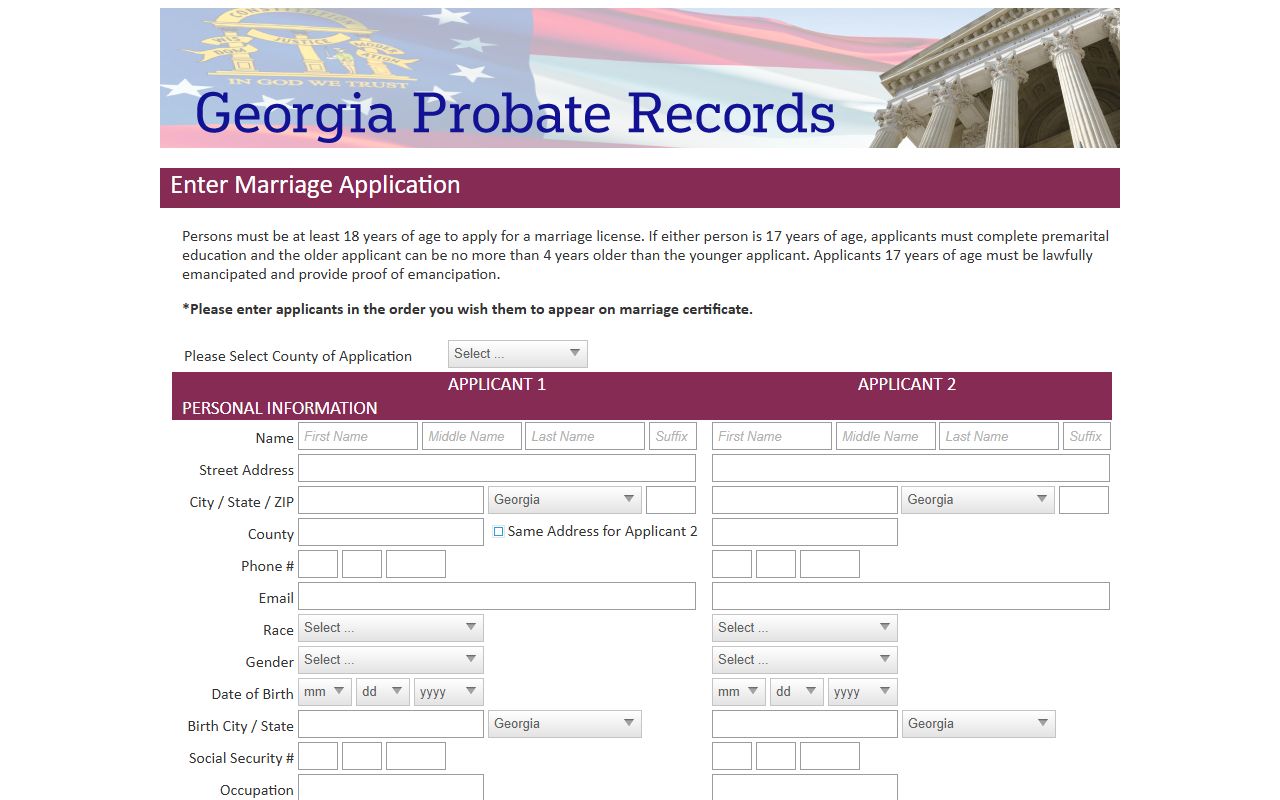 Sumter County marriage records Georgia Probate Records application