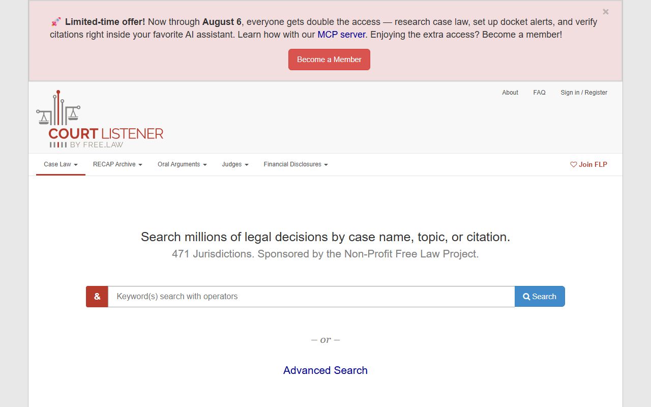 CourtListener legal search page as a nonofficial legal research resource