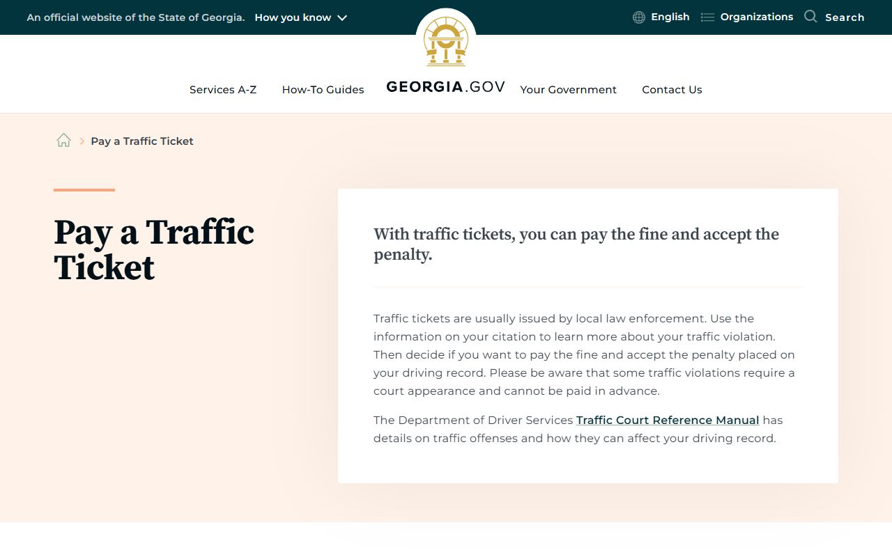 Georgia.gov traffic ticket payment guidance for citation number, case number, and driver's license payment identifiers