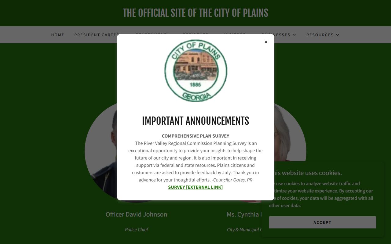 City of Plains departments page listing municipal court contacts