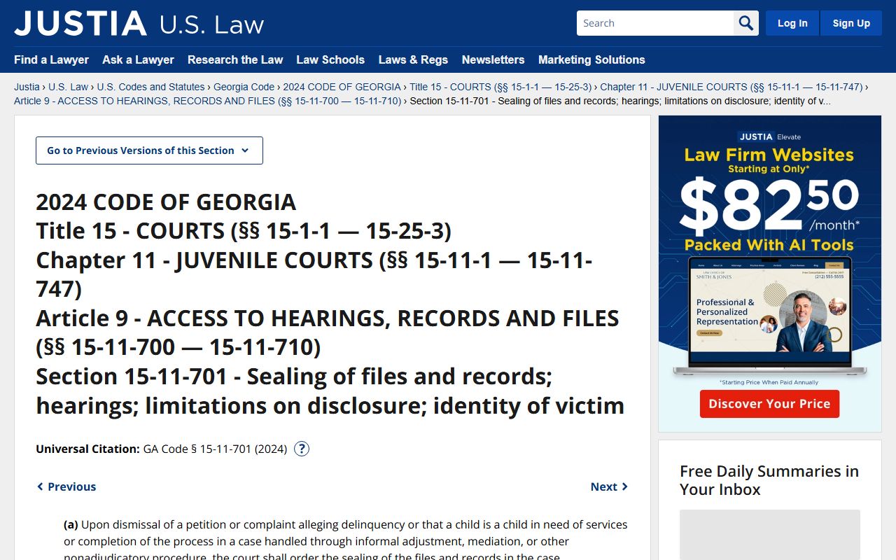 Georgia juvenile record sealing statute page relevant to restricted warrant-related juvenile records
